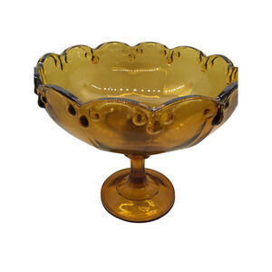 1960 Vintage Footed Compote, Amber Carnival Glass Garland Pattern, pedestal